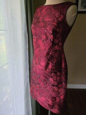 WHBM Red Rose Floral Sequin Shift‎ Dress 2P Cocktail Wedding Guest Evening Party